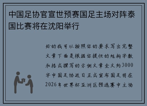 中国足协官宣世预赛国足主场对阵泰国比赛将在沈阳举行