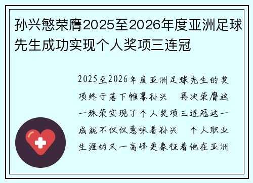 孙兴慜荣膺2025至2026年度亚洲足球先生成功实现个人奖项三连冠 孙兴慜荣膺2025至2026年度亚洲足球先生成功实现个人奖项三连冠