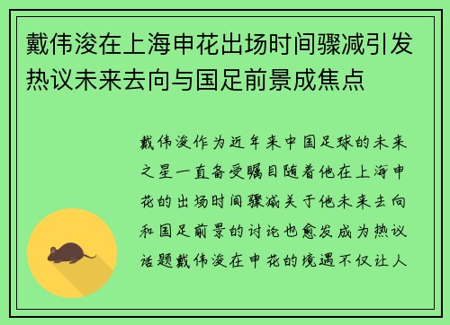 戴伟浚在上海申花出场时间骤减引发热议未来去向与国足前景成焦点